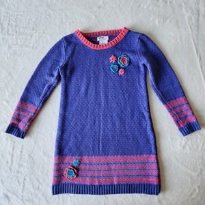 Bopster & Mimi Sweater Dress Girls 3 Years Blue Knit Short Sleeve Flowers Winter